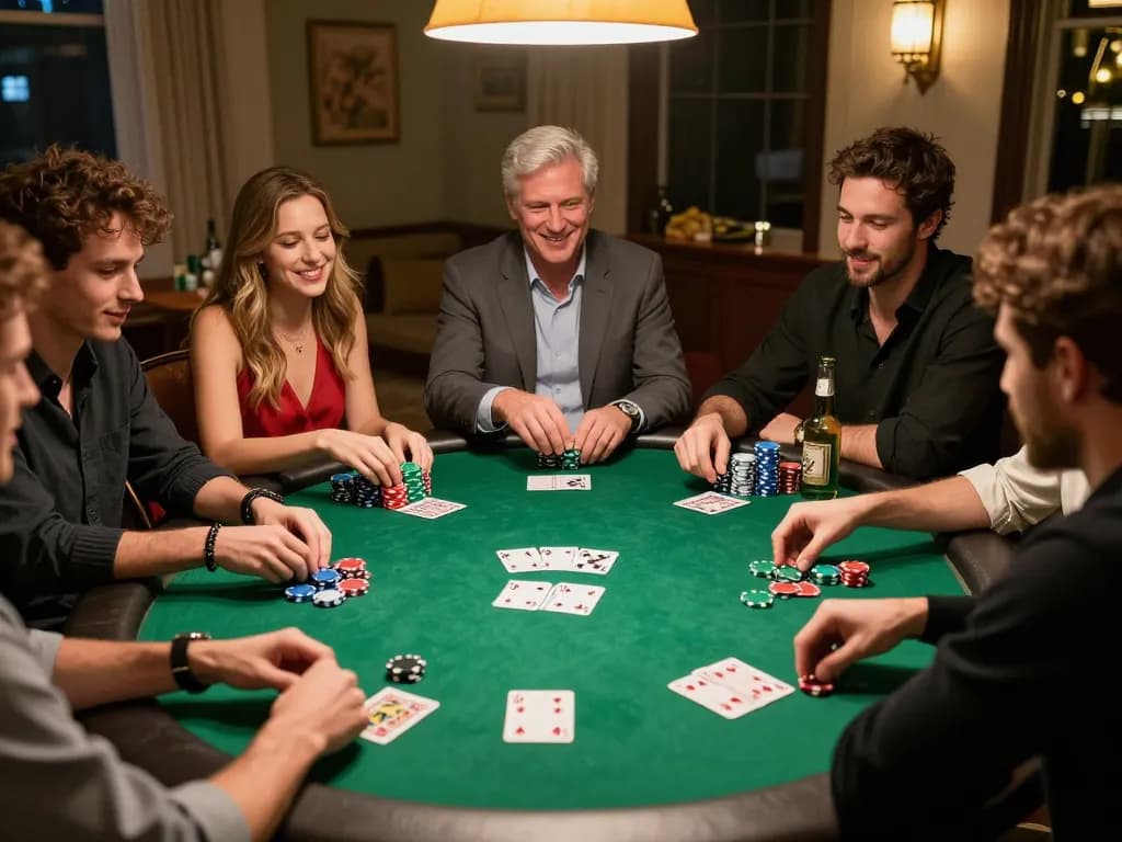 Hello88 players enjoying a lively poker night around a green felt table, showcasing strategy and social bonds.