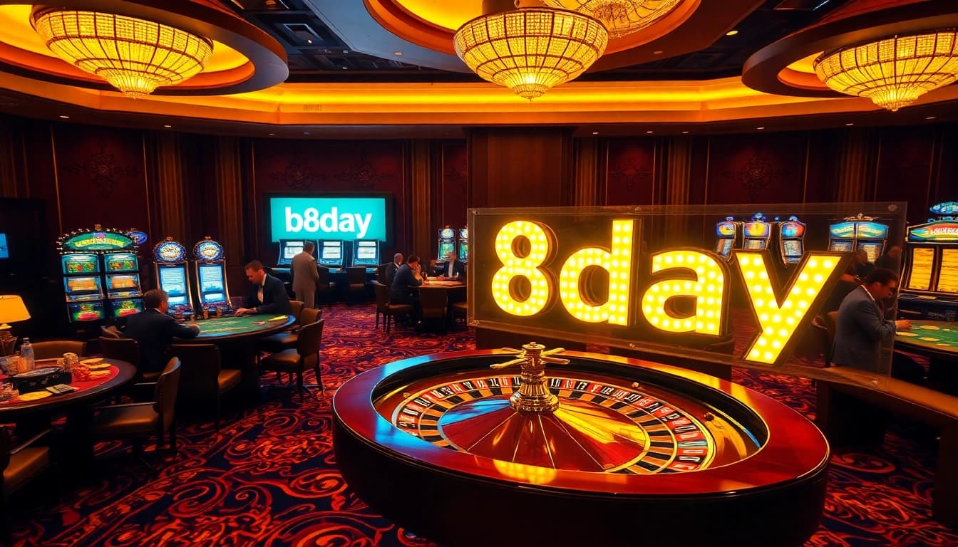 8day players enjoying a luxurious casino experience with poker chips and roulette wheel.