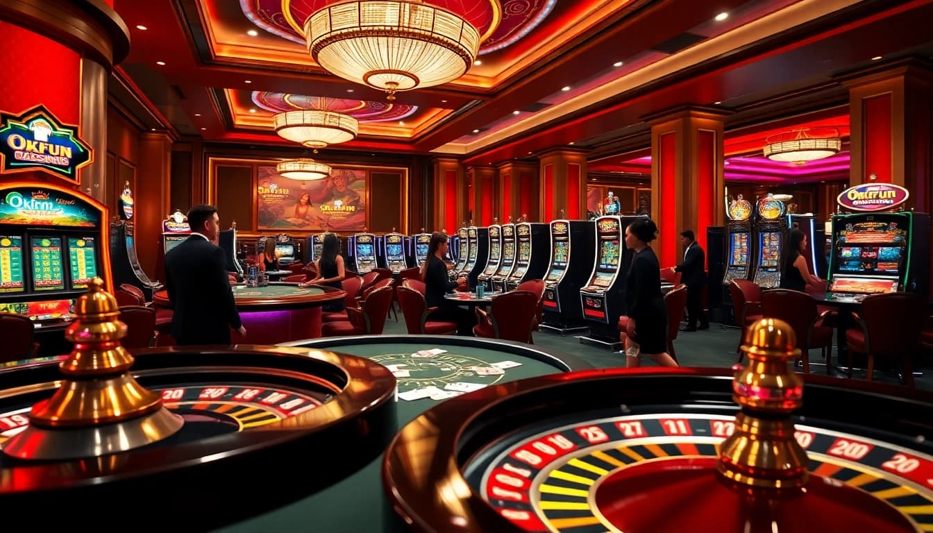 OKFUN casino atmosphere with players engaged at luxurious poker and roulette tables.