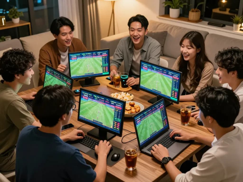 Group of friends placing bets on live sports matches while discussing ty le keo nha cai options at home
