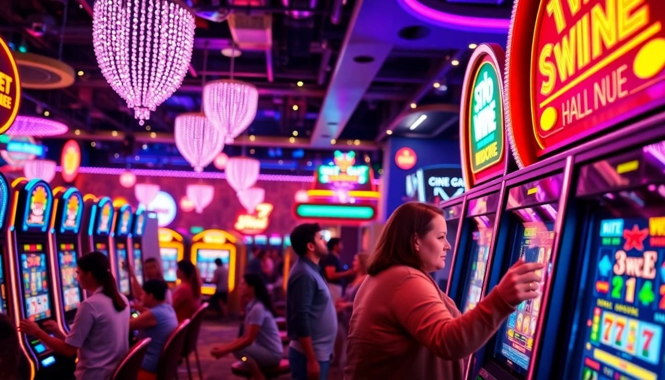 Exciting casino atmosphere featuring nohu90 players celebrating big wins at slot machines.