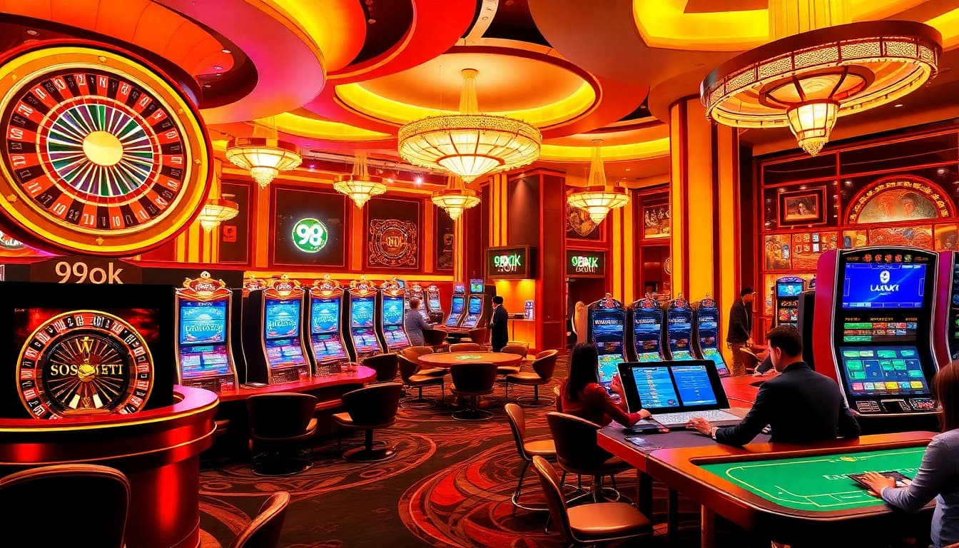 Experience the excitement of online gambling at 99ok with vibrant casino games and luxury elements.
