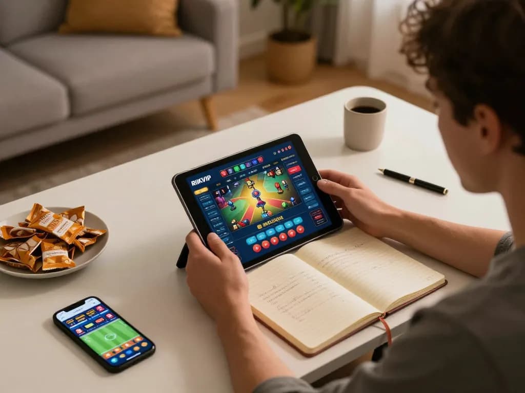 Engaged player using the RIKVIP app on a tablet in a cozy home gaming setup with snacks and strategy notes.
