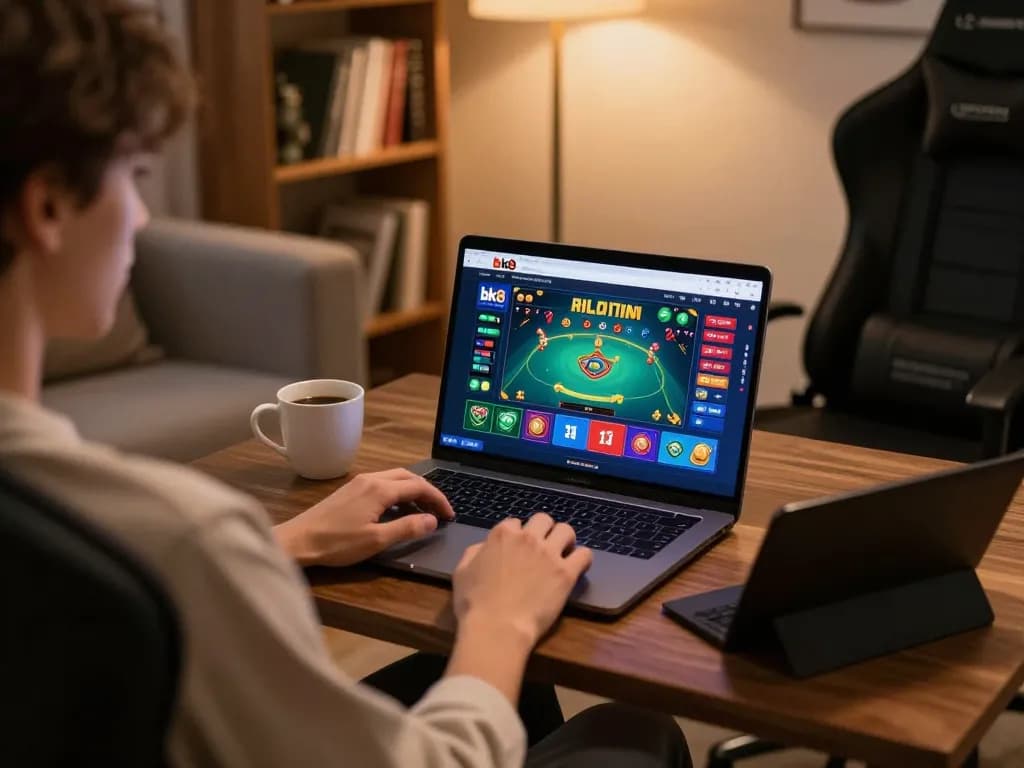 Person using the bk8 platform for online casino gaming in a cozy home setting.