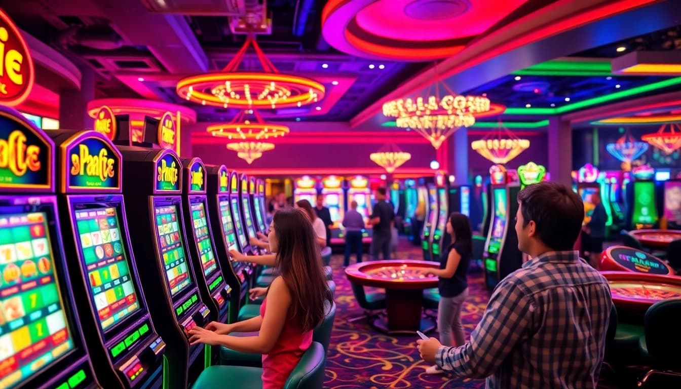Para pemain dengan antusias terlibat dengan mesin agen slot, menciptakan suasana kasino yang hidup.