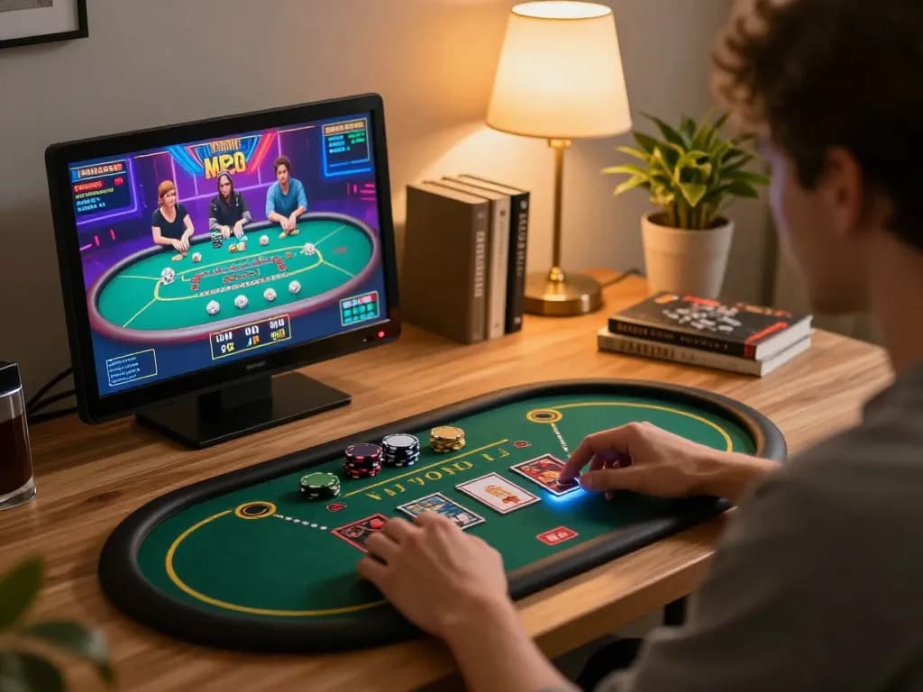 Engaging player enjoying soc88 online poker game on tablet with warm ambient lighting