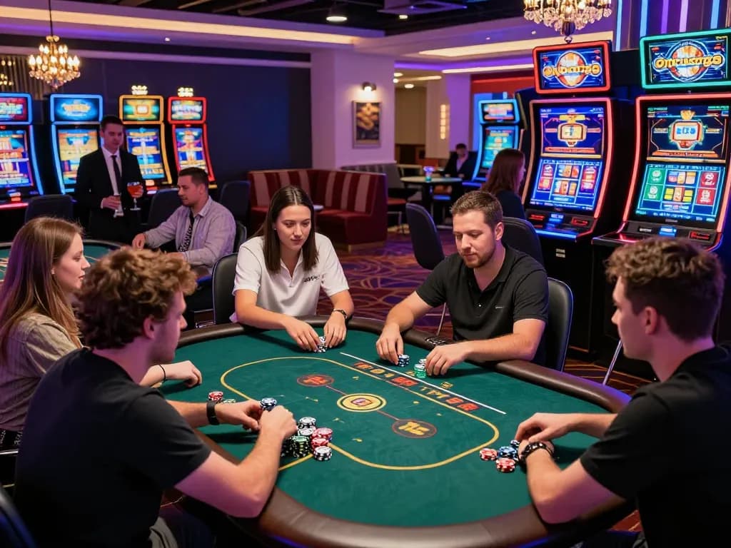 Players enjoying games at Onbet88's vibrant online casino, including roulette and poker tables, capturing the excitement of gaming.