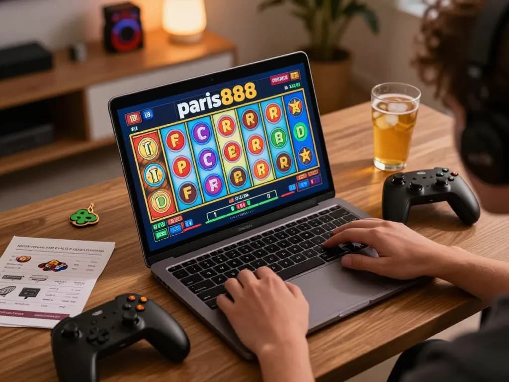Experience exciting gameplay with paris888 as a player spins vibrant online slots from a cozy home setup.