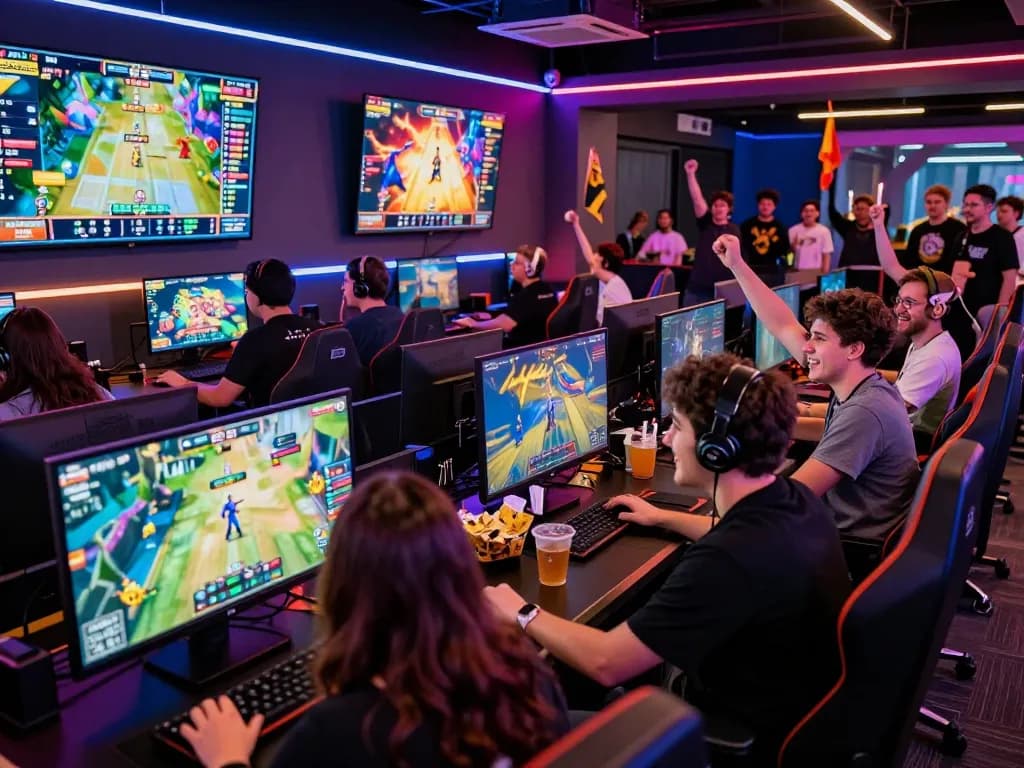 Engaging nk88 online gaming scene with diverse gamers enjoying vibrant games in a lively esports arena.