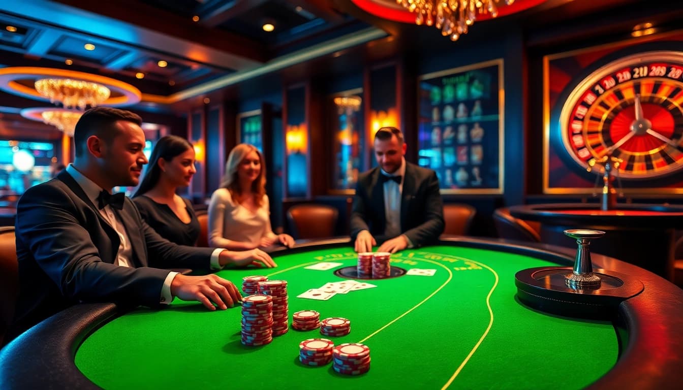 SODO Casino's luxurious gaming environment featuring elegantly dressed players at a poker table, vibrant chips, and a roulette wheel.