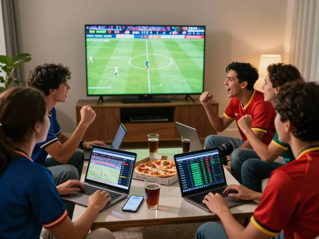 Friends enjoying a football match while betting on Judi Bola in a cozy living room atmosphere.