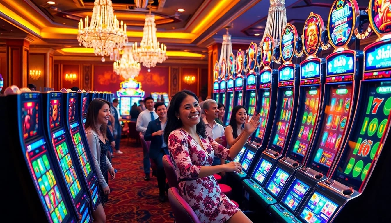 Experience the thrill of winning at slot888 with vibrant slot machines and excited players in a luxurious casino setting.