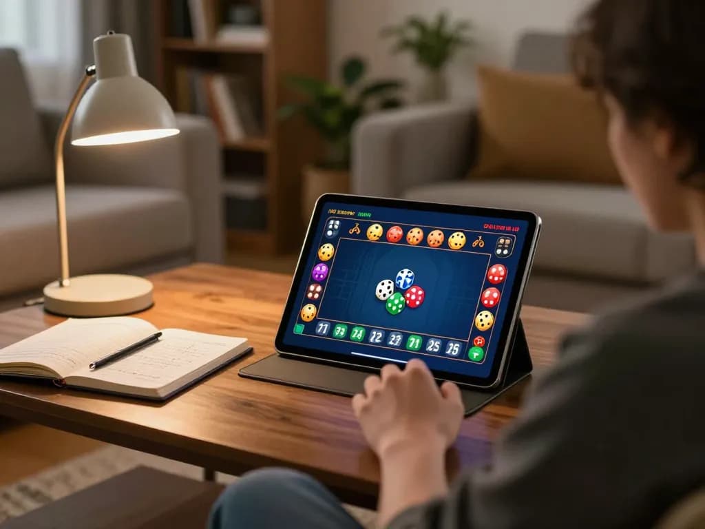 Player enjoying an online tai xiu game on tablet in a cozy living room, showcasing strategic betting