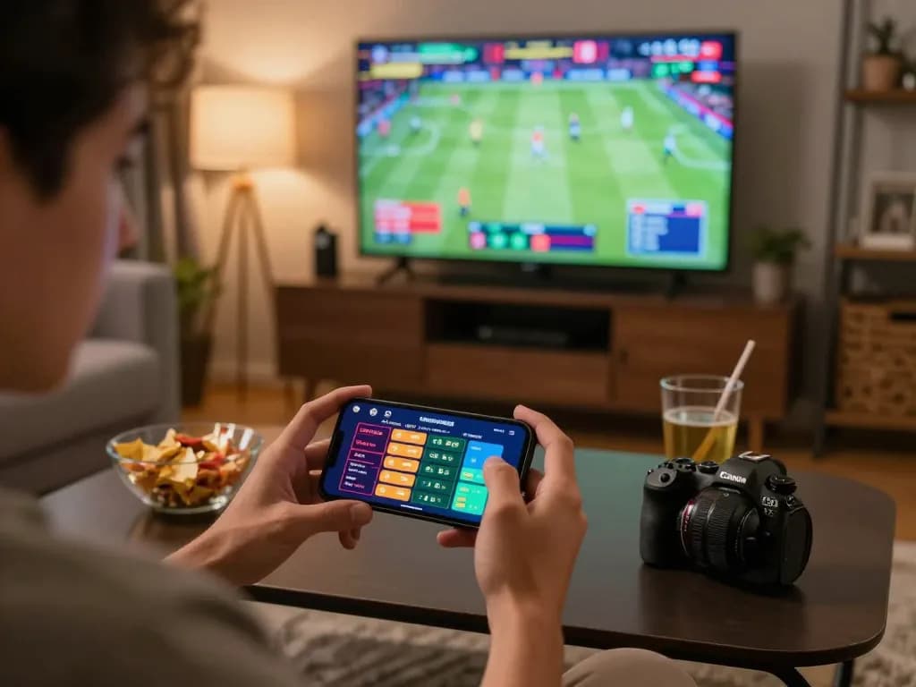 Engaging sports betting moment while using f8beta2 app on smartphone in a cozy living space