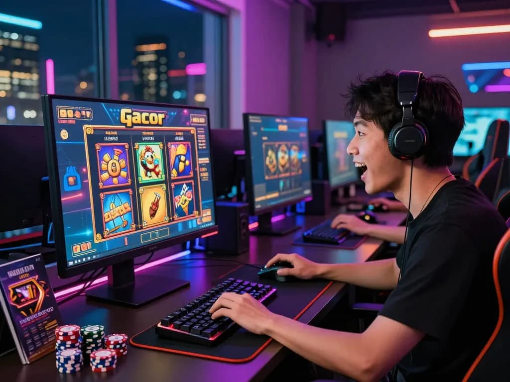 Engaged player enjoying SLOT GACOR games with vibrant visuals and gaming setup.