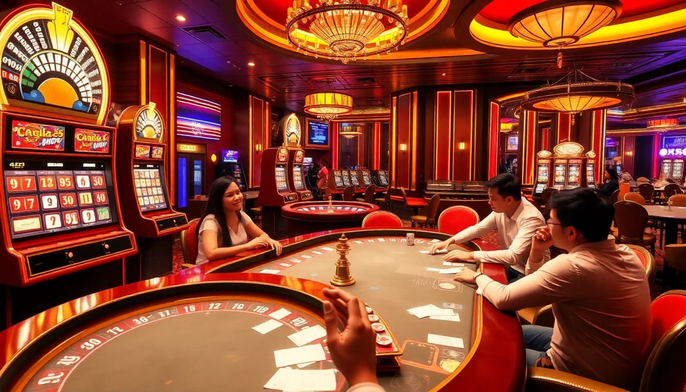 Players engage in thrilling games at the NK88 casino, showcasing vibrant slot machines and action-filled tables.