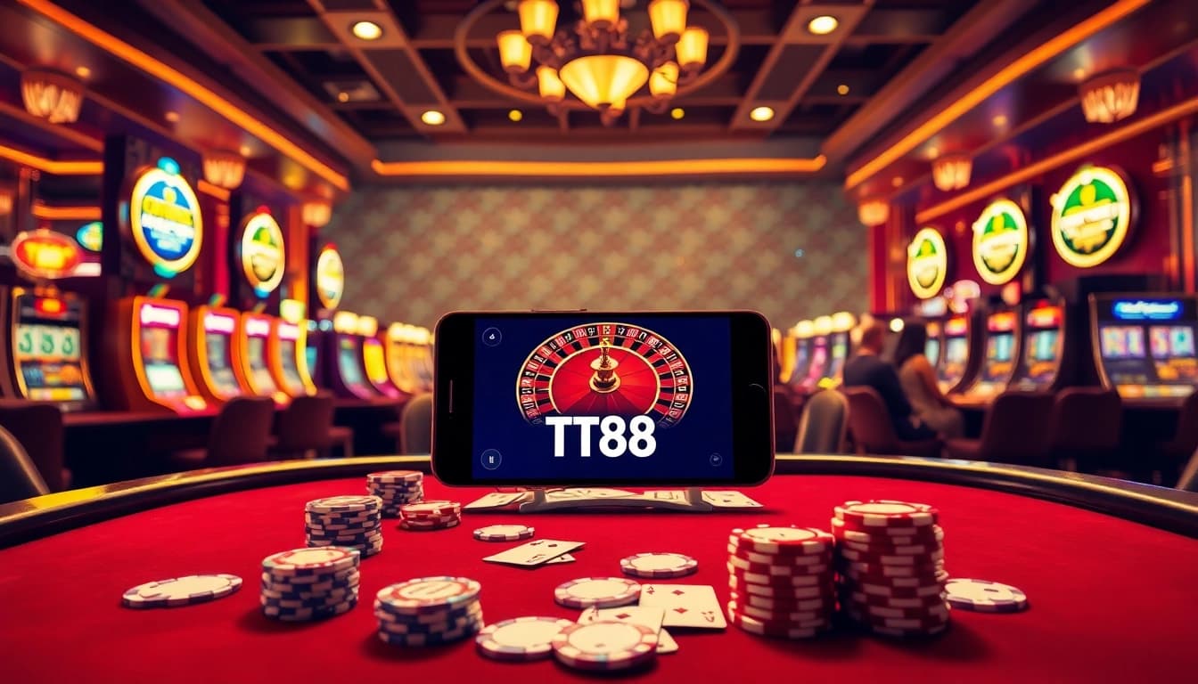 Intense poker action at TT88 casino with vibrant lighting, chips, and cards.