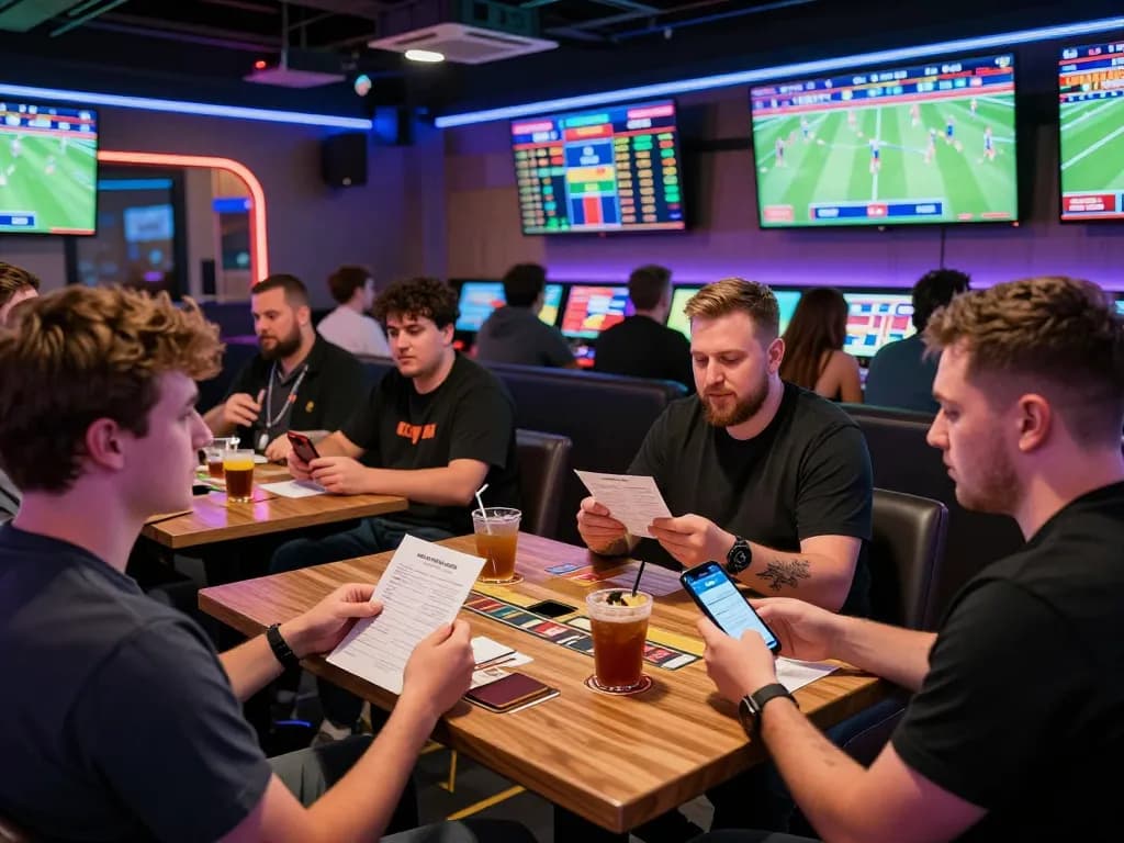 Dynamic sportsbook scene showcasing debet betting excitement with diverse bettors engaged in live action.