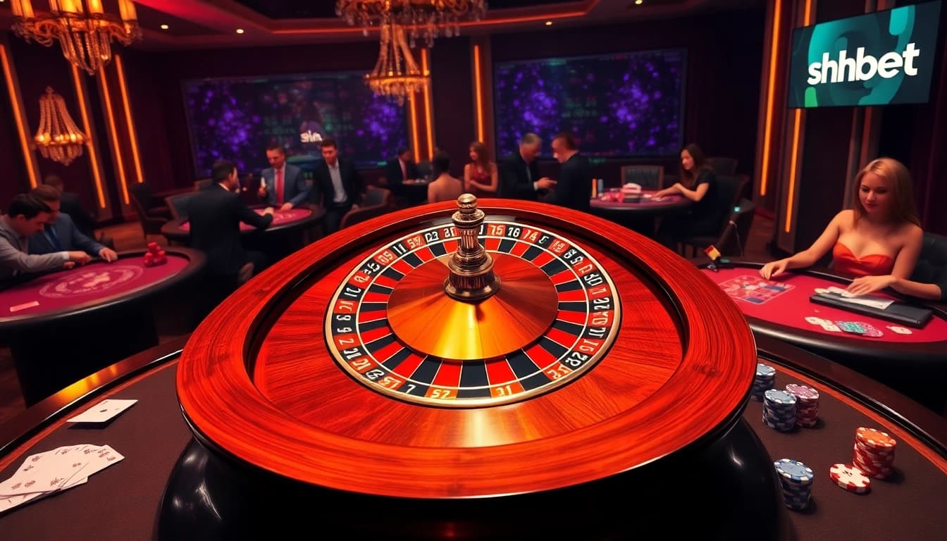 Exciting casino atmosphere with players engaging in games featuring shbet branding.