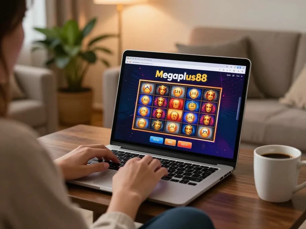 Engaging with the Megaplus88 online casino interface on a cozy living room setup.