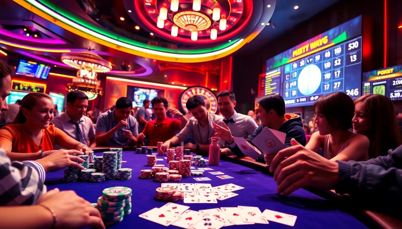 Experience the excitement of gambling at a PXJ-themed casino table with vibrant cards and chips.