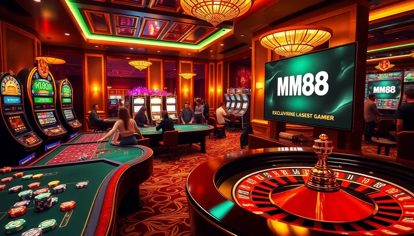 High-stakes gaming experience with MM88 logo, casino tables, and vibrant slot machines.