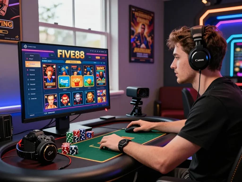 Player immersed in five88 online gaming experience with vibrant LED lighting and interactive interface.