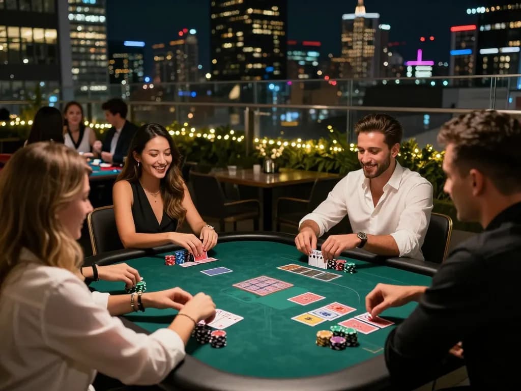 IWIN68 players enjoying a lively rooftop card game in urban casino night setting