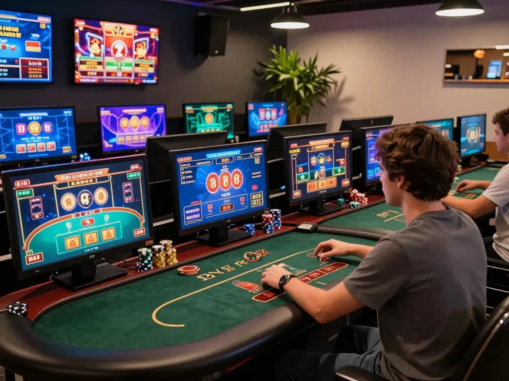 Player engaged with multiple screens showcasing JUN88 games, emphasizing dynamic online gambling experience