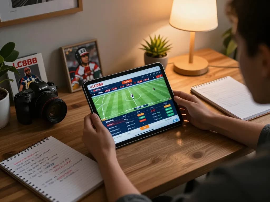 Engaging with the LC888 sports betting app in a cozy home office setting.