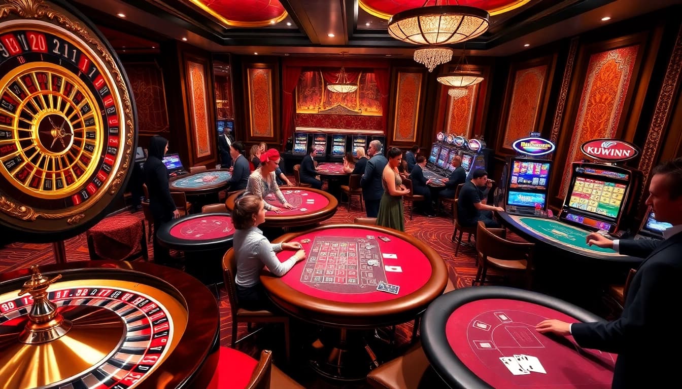 Kuwin online casino game scene with excited players at roulette and poker tables.