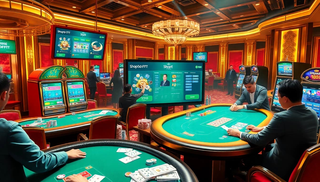 Experience the thrill of winning at Shop TFT with vibrant casino visuals showcasing poker chips, betting slips, and slot machines.