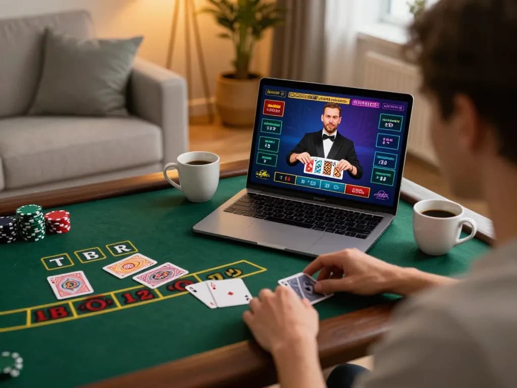 Engaging in live dealer blackjack at home using https://go8.dad/ on a laptop, showcasing strategic gambling.