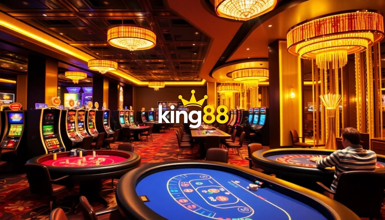 Players enjoying a vibrant game at king88 casino, showcasing engaging poker action and slot machines.