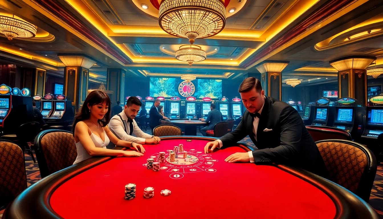 Exciting scene of players at a high-stakes poker table illustrating lv88 casino gaming action.