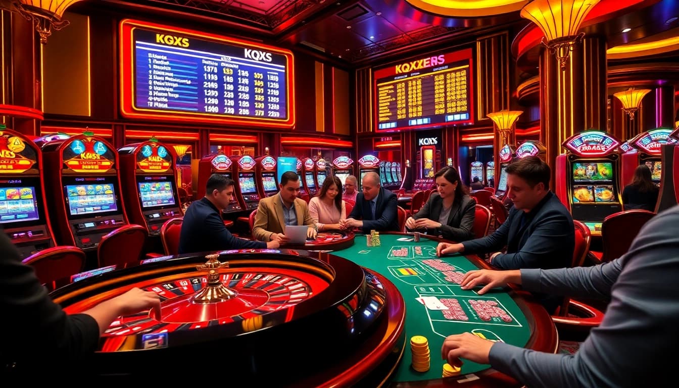 Kqxs players engaged at a roulette table, showcasing excitement in a luxurious casino setting.