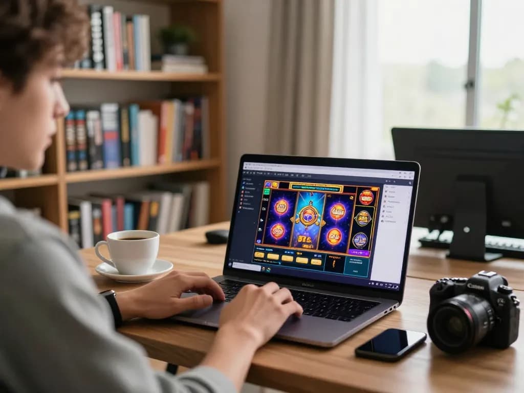 Engaging gameplay of slot online with vibrant visuals and cozy home office setting.