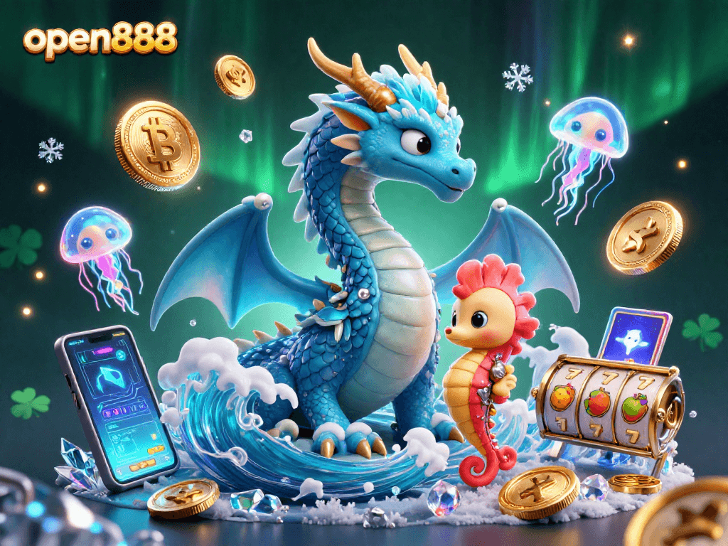 Engage with open888's vibrant casino world featuring an azure dragon and joyful elements.