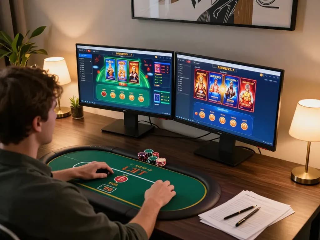 Engaging user strategies at LC88 online casino with dual monitors and poker gameplay