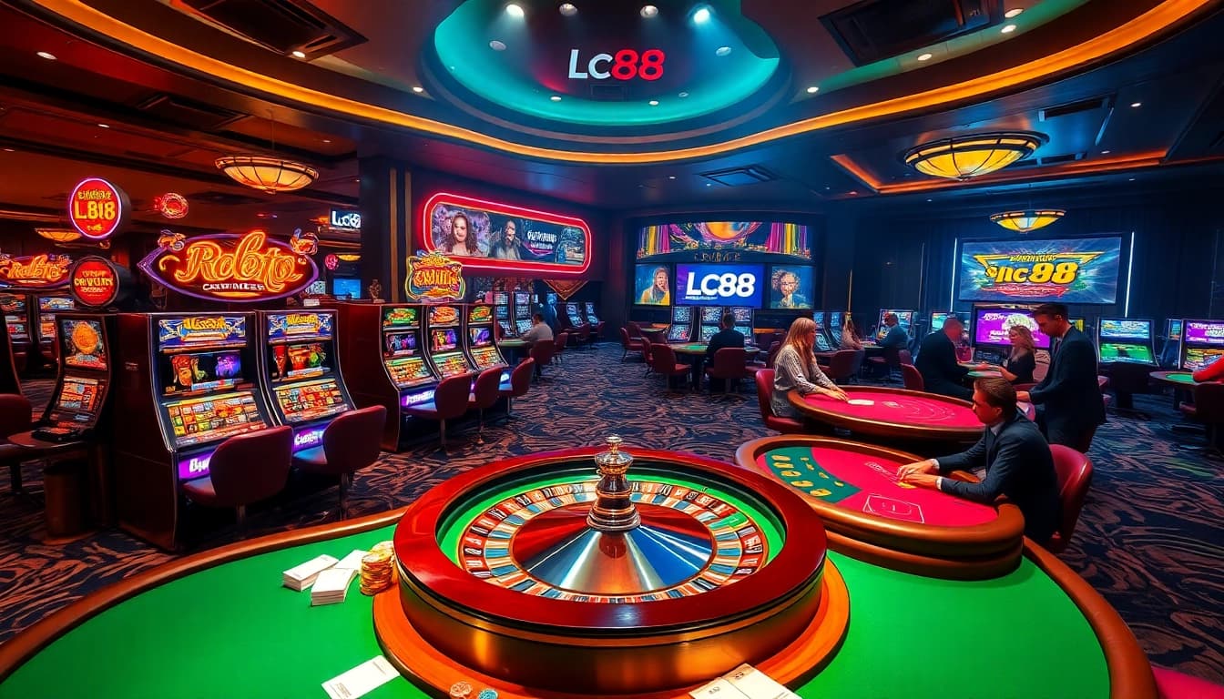 Exciting lc88 casino scene with vibrant slot machines and poker tables.