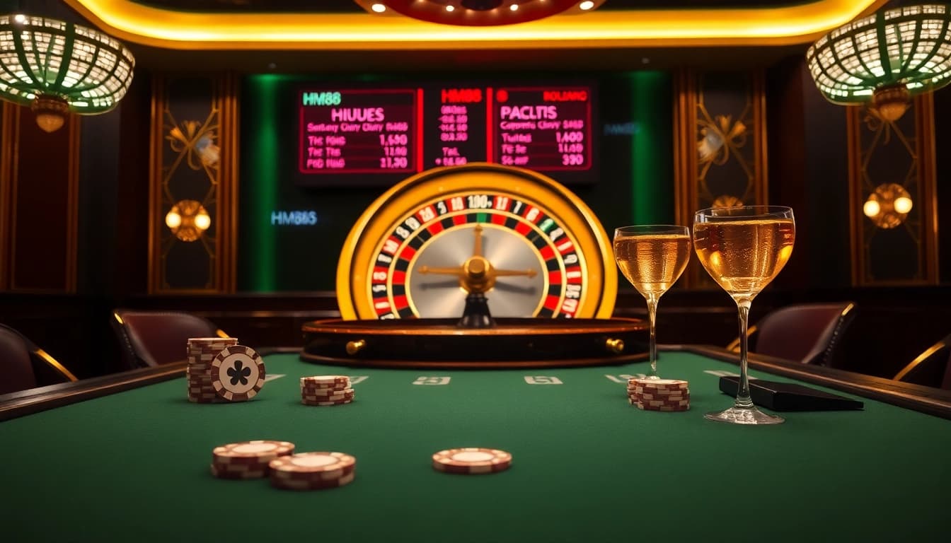 Exciting casino atmosphere showcasing HM88 poker table with illuminated elements and roulette wheel.