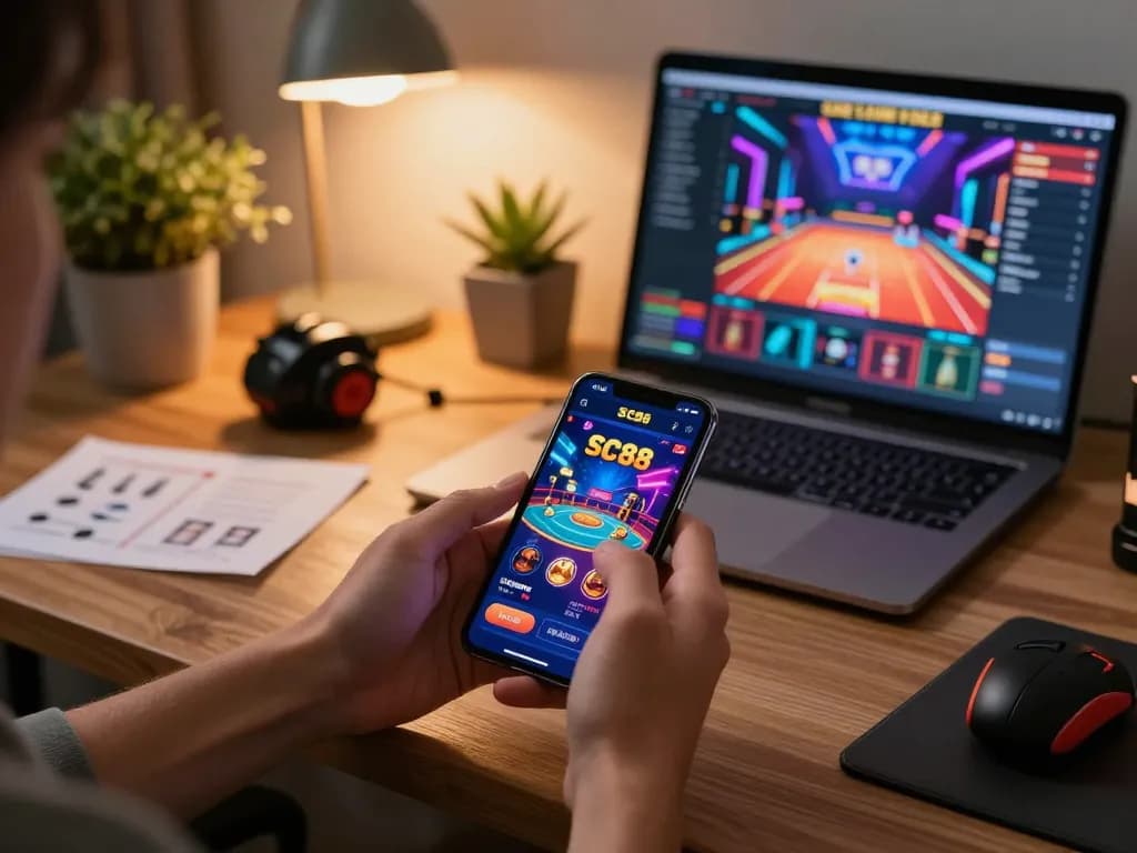 Engaging scene of a user playing on the SC88 app, showcasing online gaming strategies and a modern home office atmosphere.