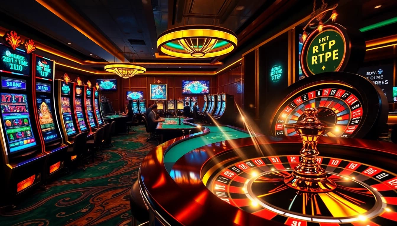 Engaging RTP Slot Live gaming scene showcasing players and vibrant slot machines.