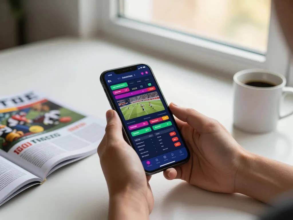 Placing bets on live matches using the 8xbet app on a smartphone in a cozy setting.