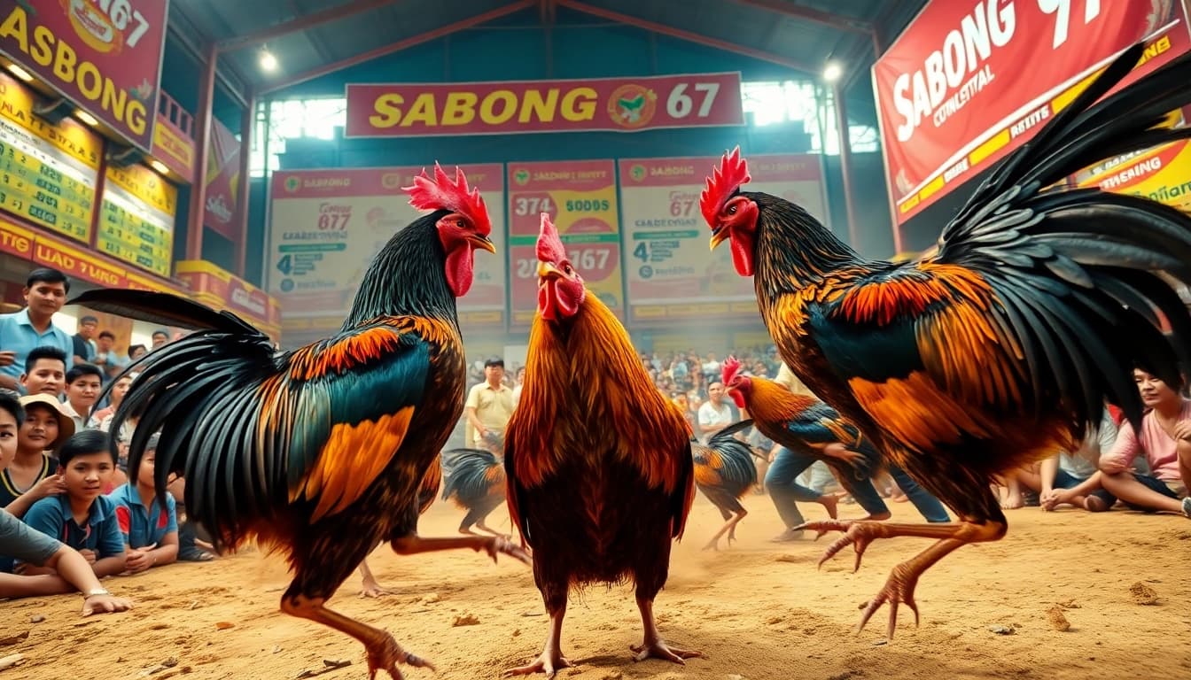Dynamic scene of an exciting cockfighting match at Sabong 67, showcasing vibrant audience, colorful roosters, and lively atmosphere.