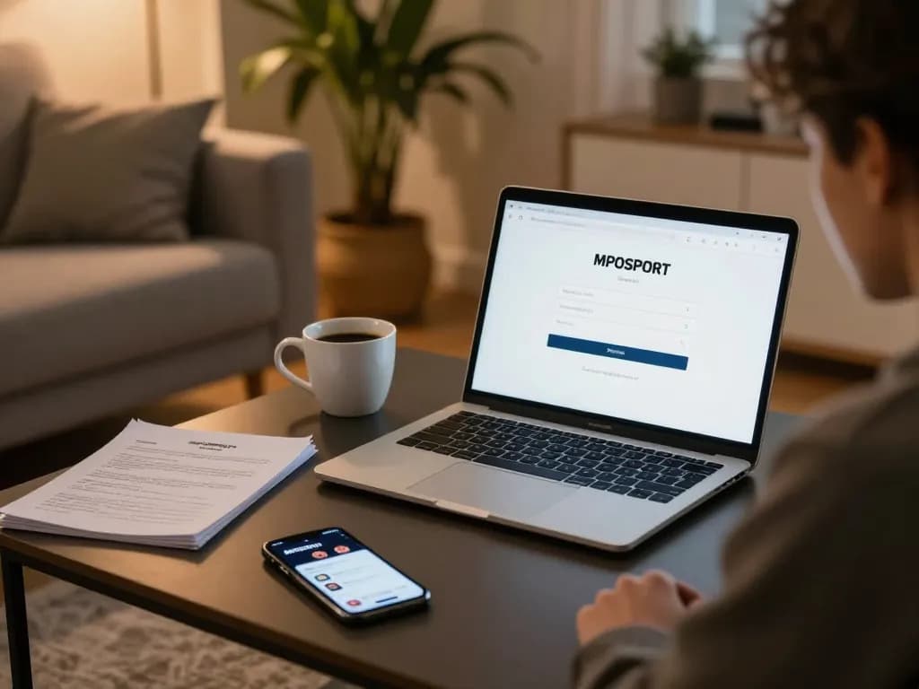 Complete your mposport login effortlessly at home using a laptop, showcasing a cozy gaming setup.