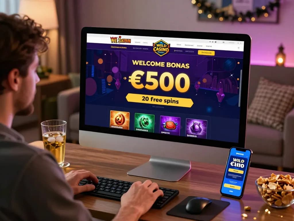 Excited player enjoying Wild Sultan Casino France with €500 bonus and 20 free spins.