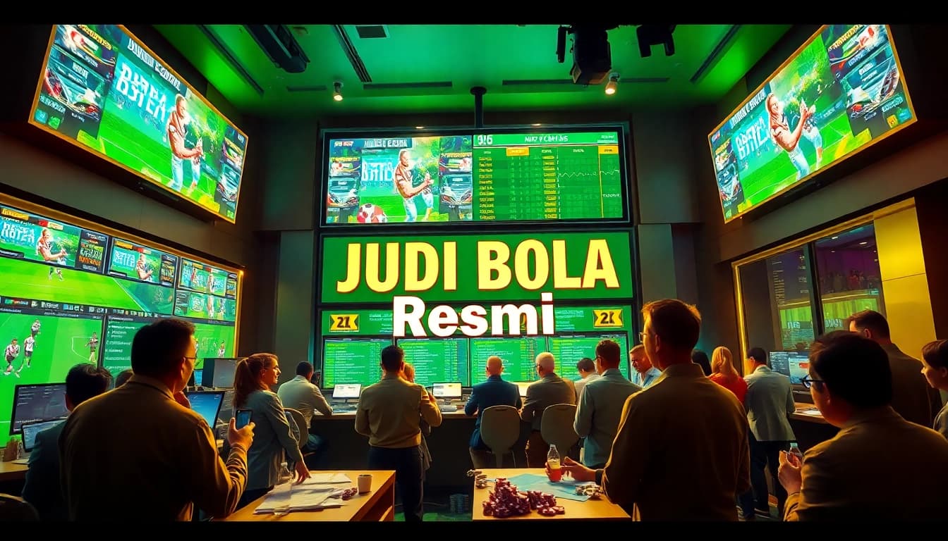 Interactive betting scene showcasing Judi Bola Resmi at a high-end sportsbook with live match displays.