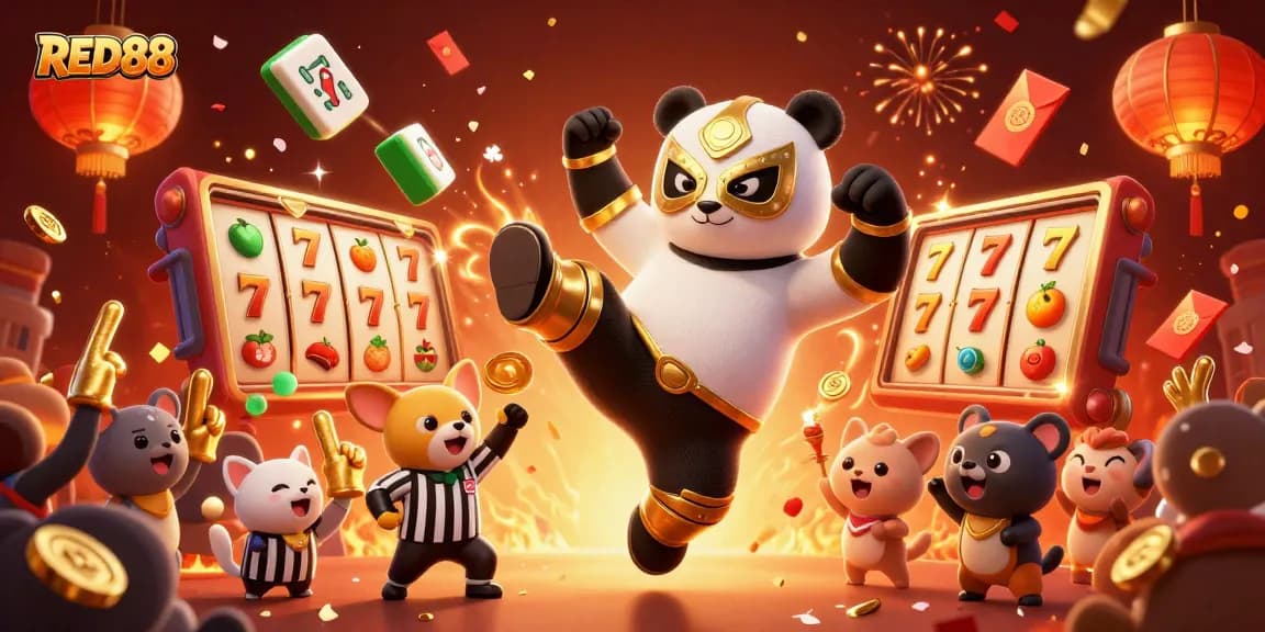 Engage RED88 enthusiasts with animated slot machines and cartoon characters in a lively casino scene.