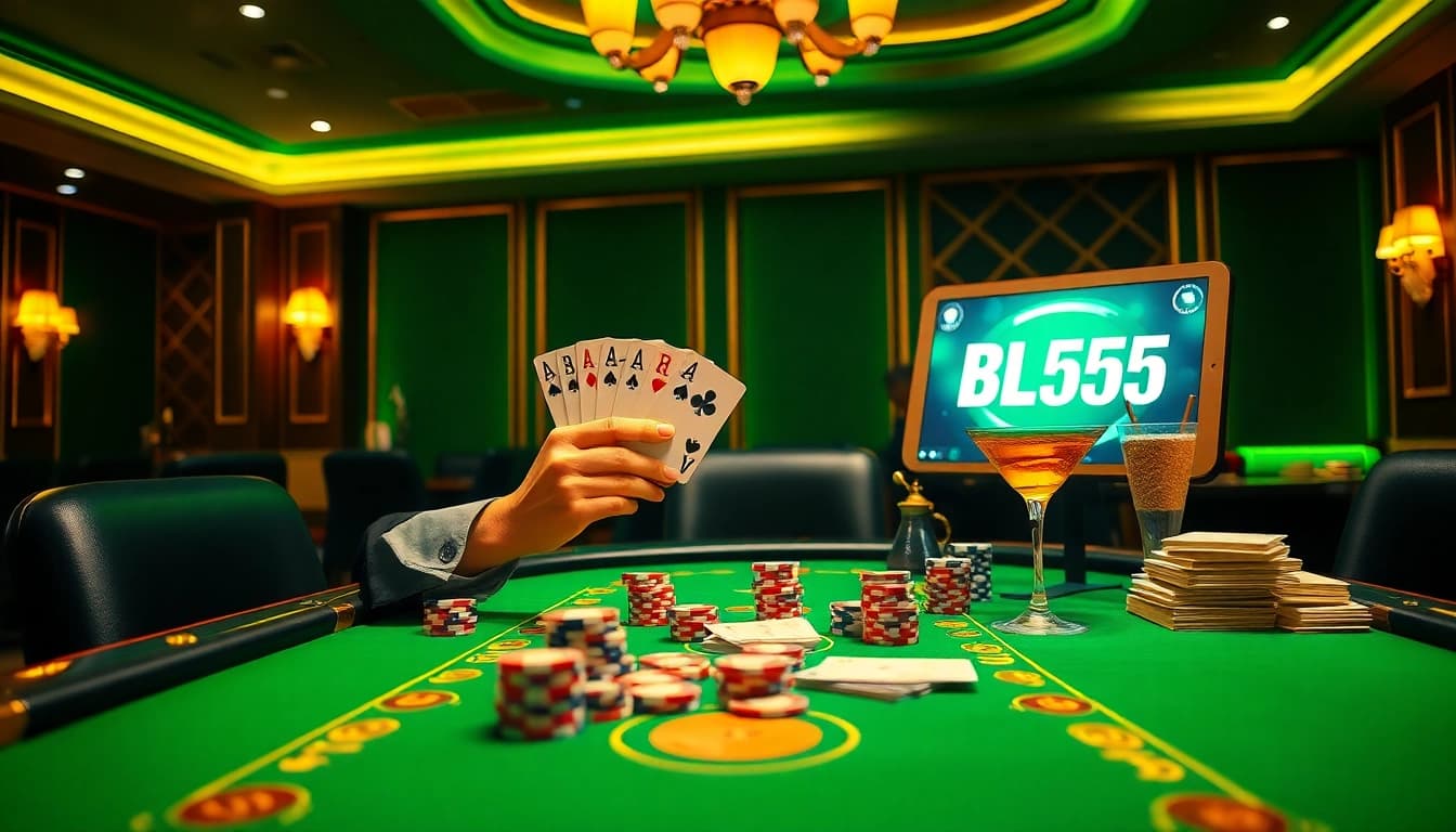 Player celebrating a win at bl555 poker table surrounded by chips and cash.